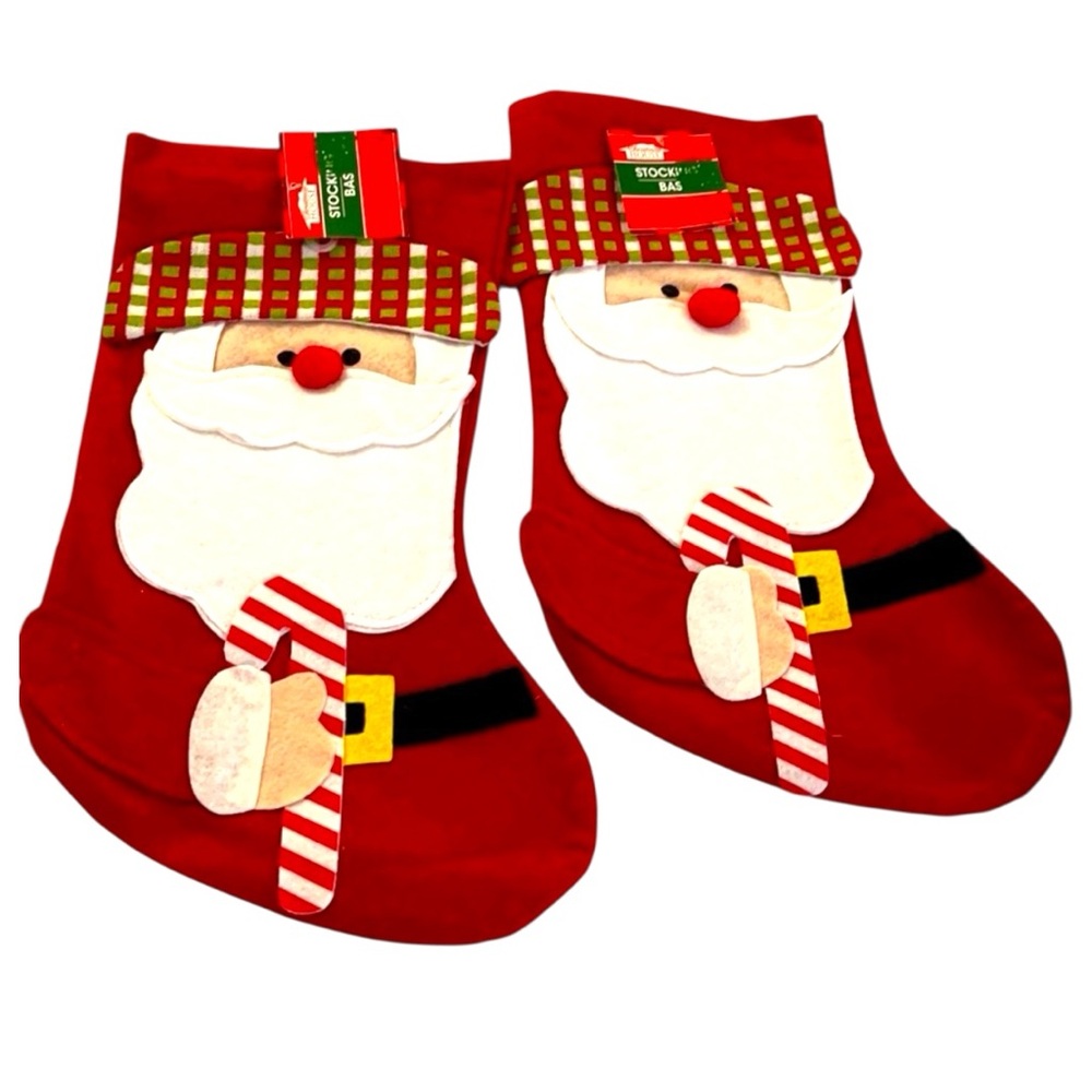 2~Christmas House Red Soft Felt Stocking With Santa Claus Design & Candy Cane